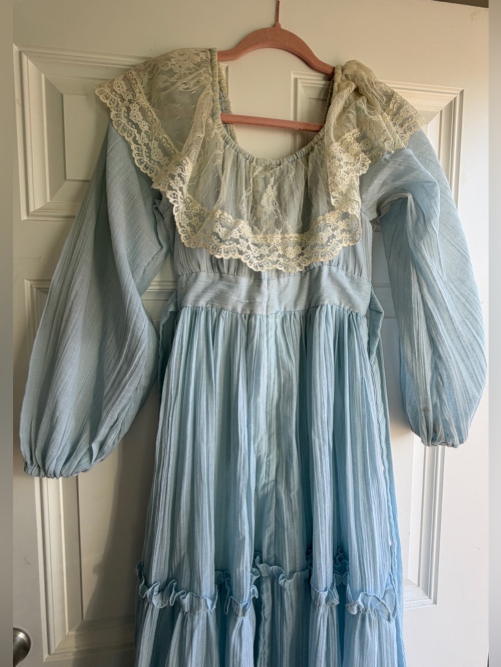 VINTAGE GUNNE SAX LIGHT BLUE PRAIRIE MAXI DRESS LACE BOHO COTTAGECORE WEDDING - Picture 3 of 16